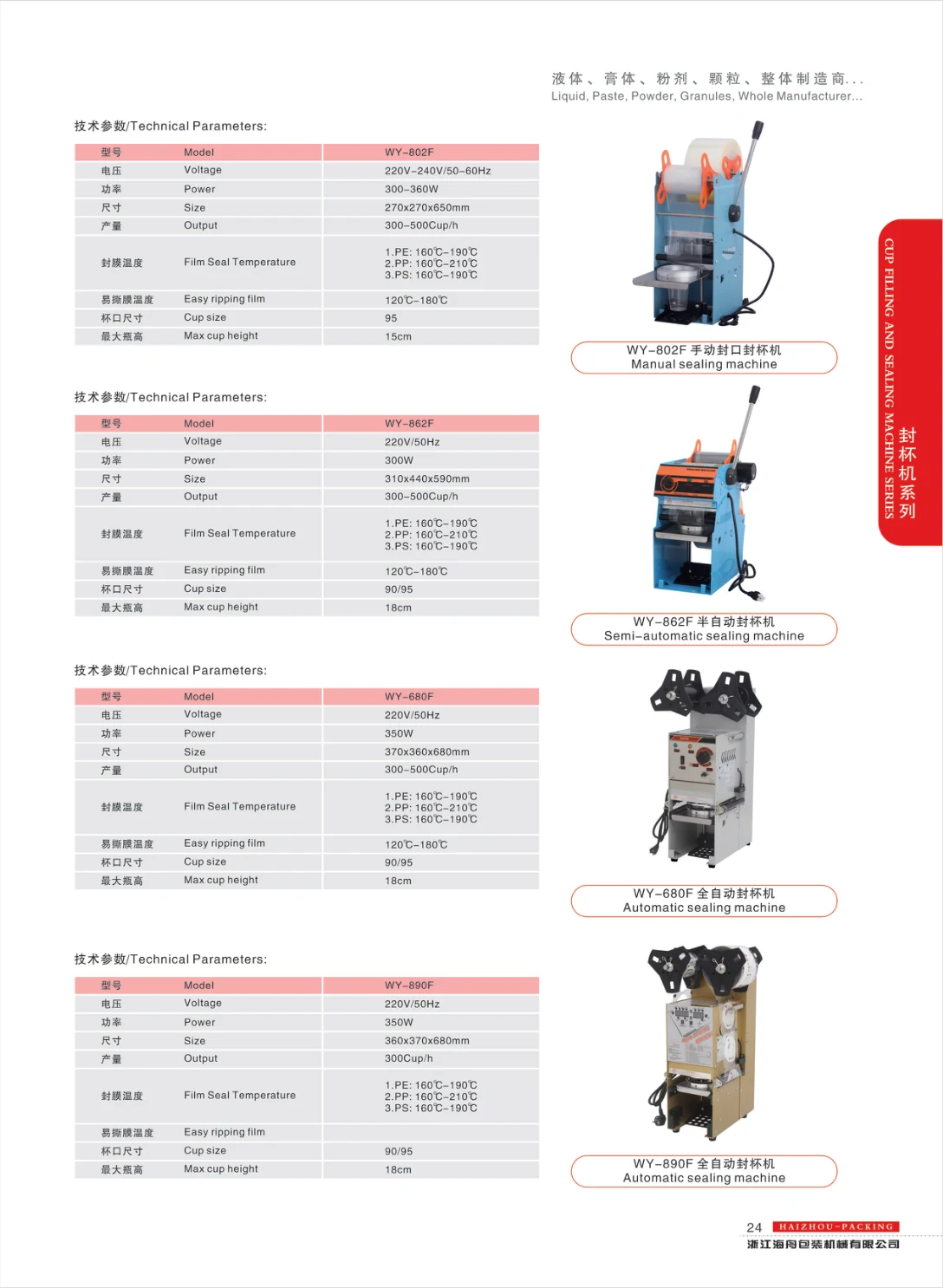 Manual and automatic cup sealing — supplier catalogue page 24