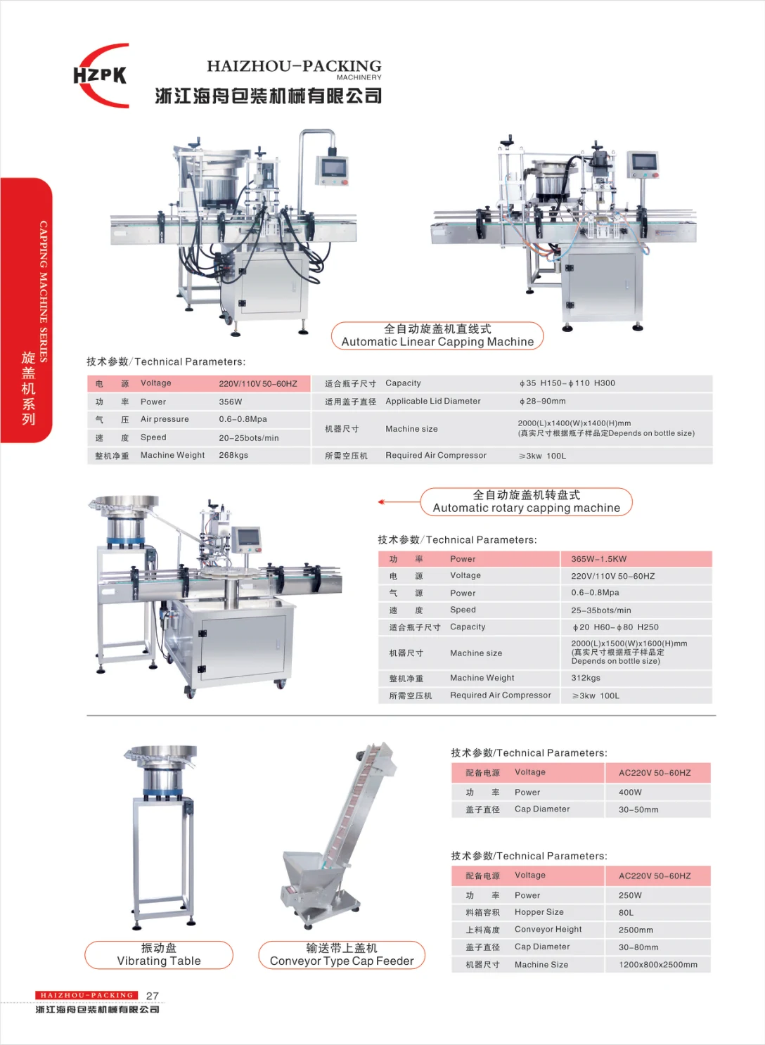 Linear and rotary capping; cap feeders — supplier catalogue page 27