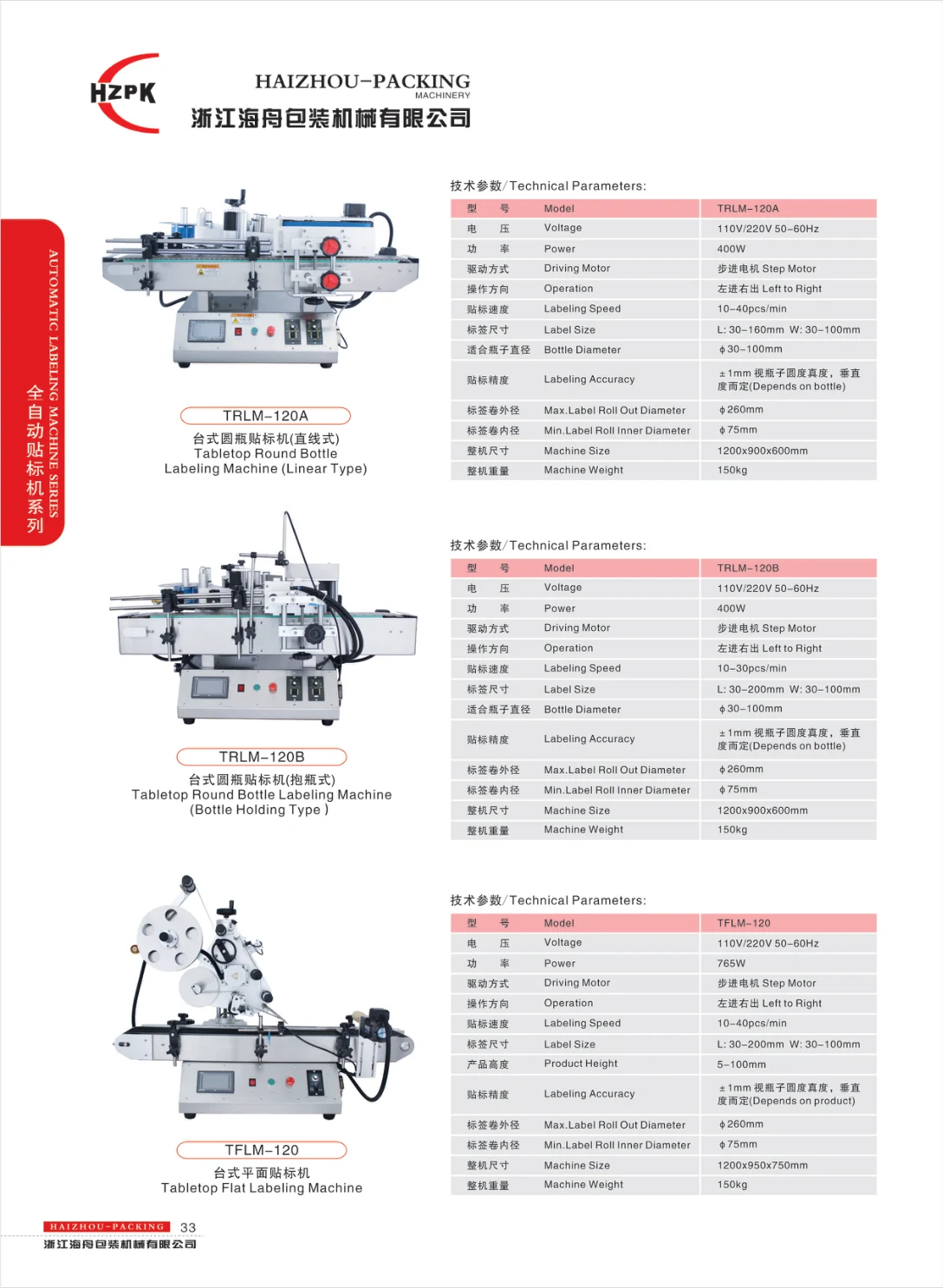 Tabletop round-bottle and flat labelling — supplier catalogue page 33