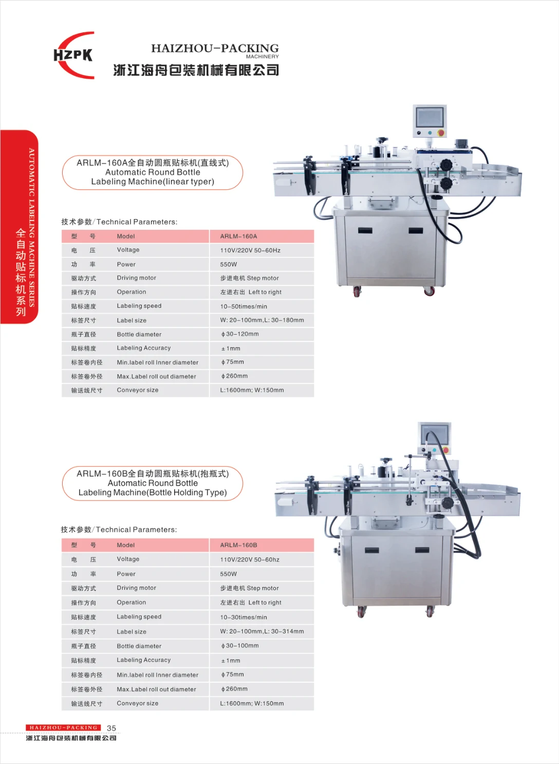 Automatic round-bottle labelling configurations — supplier catalogue page 35