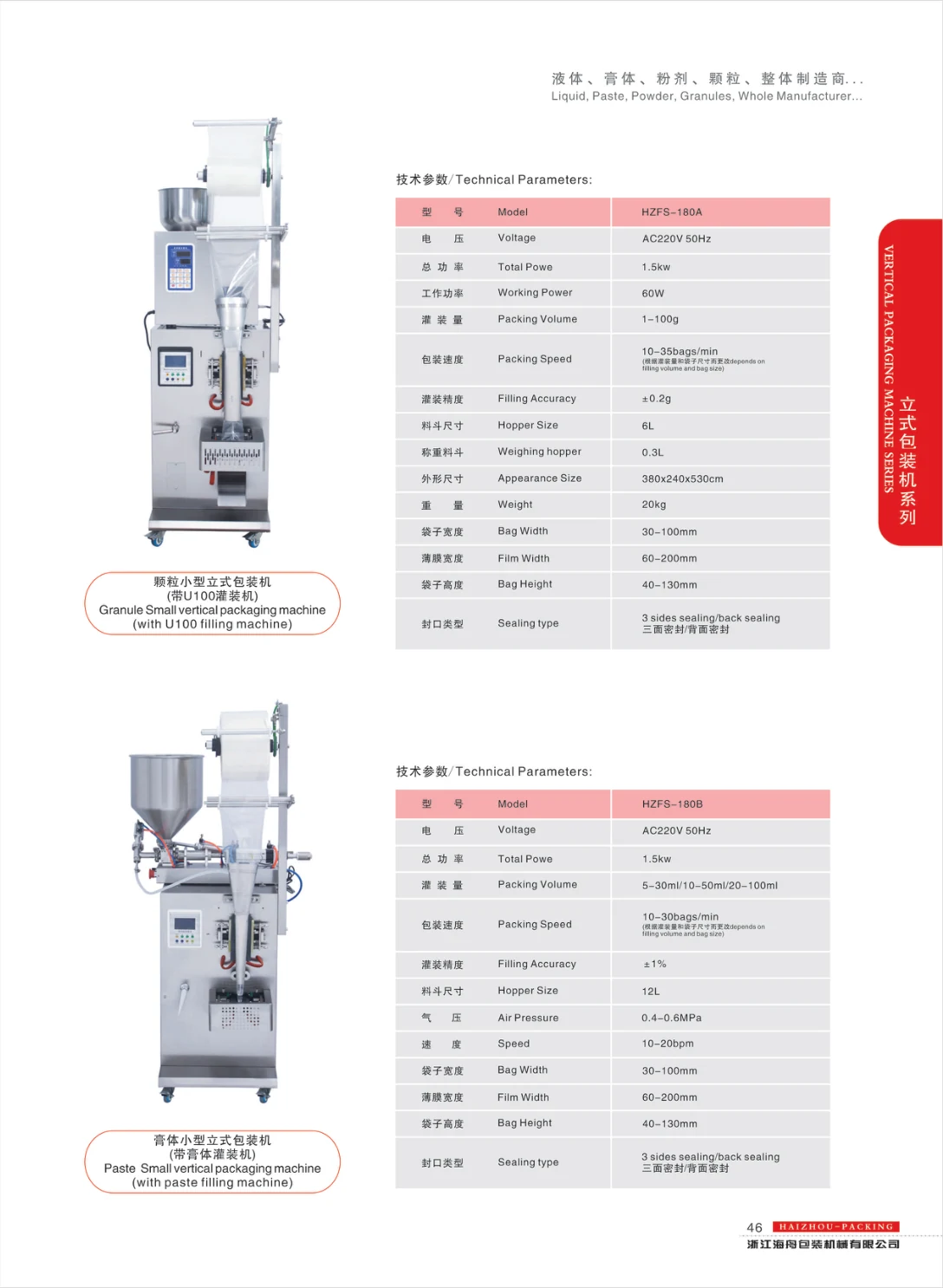 Compact granule and paste sachet machines — supplier catalogue page 46