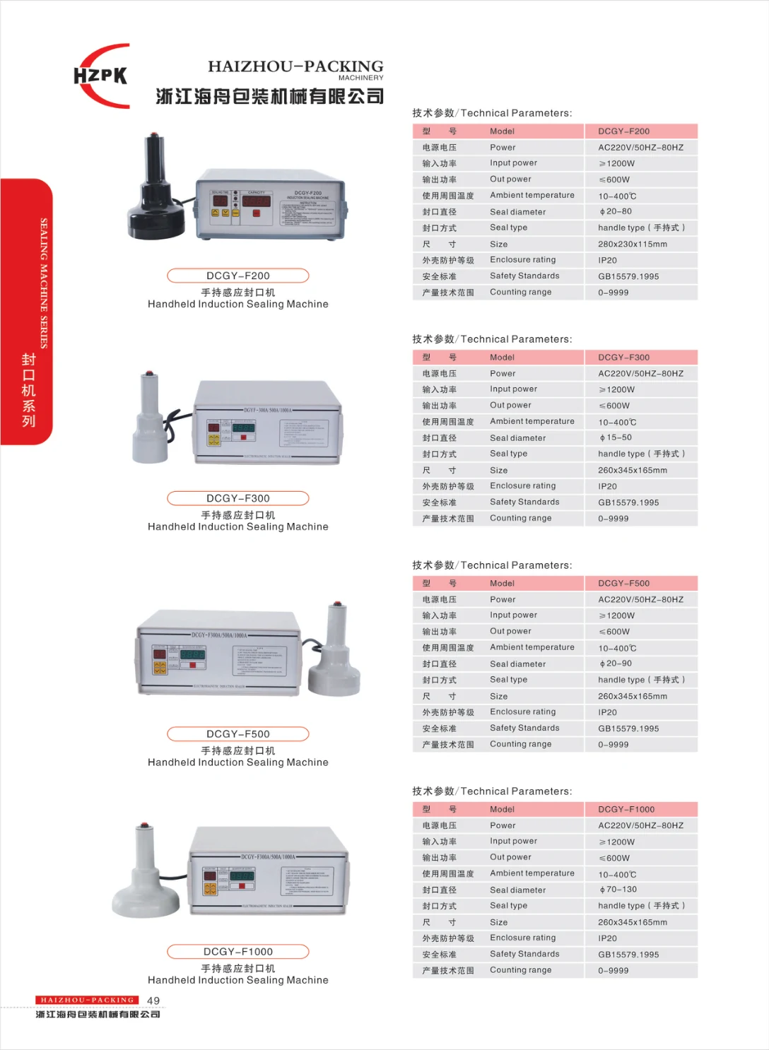 Handheld induction sealing — supplier catalogue page 49