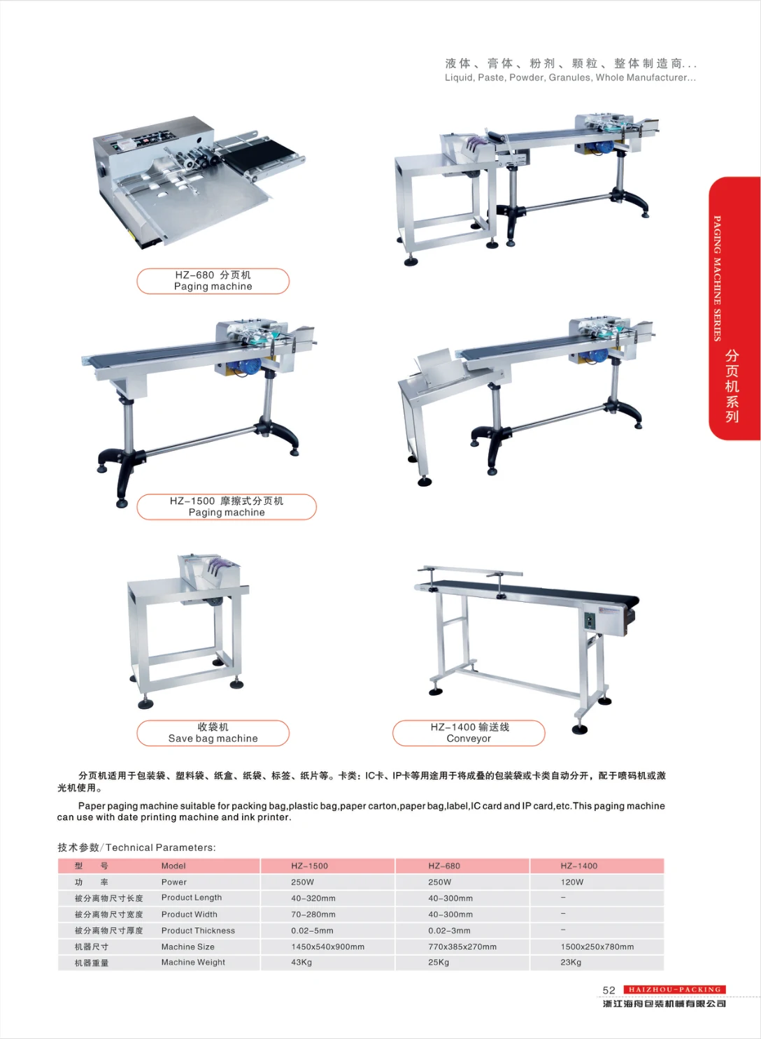 Paging machines and conveyors — supplier catalogue page 52