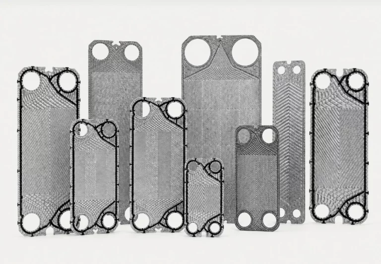 Replacement plate heat exchanger plates in different sizes, including plates with fitted gaskets