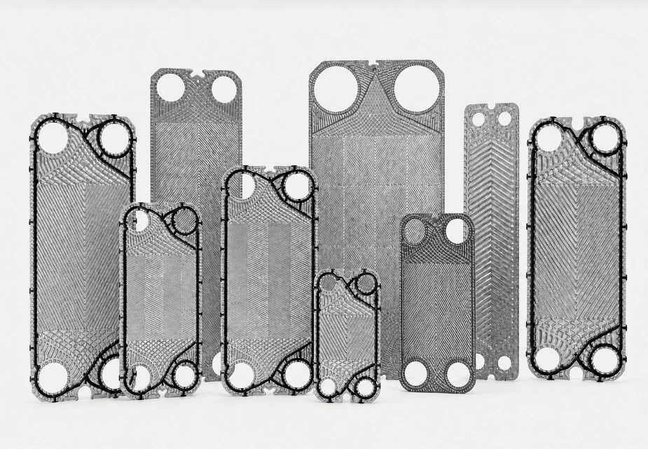 Replacement plate heat exchanger plates in different sizes, including plates with fitted gaskets
